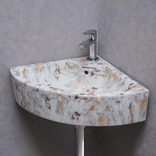 Image of REMOTION Ceramic Wall Hung Corner Wash Basin for Bathroom | Wall Mounted Corner Sink (20.4 x 15 x 6 Inch) (White Gold Spot)