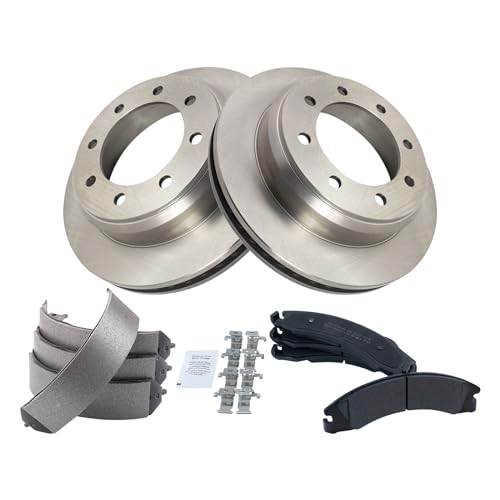Image of TRQ Rear Brake Pad & Rotor Kit Parking Brake Shoe Set Semi-Metallic Compatible with 2008-2014 Ford E-150 E-250 2008-2021 E-350 Super Duty
