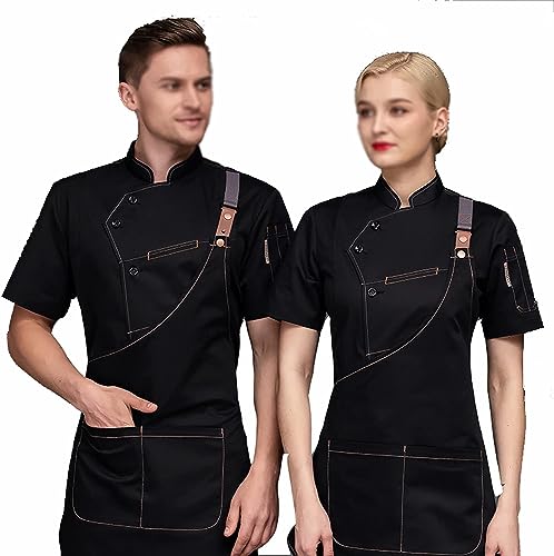 HMLOPX Uniformes de Moda Chaqueta y Delantal de Chef for Hombres y Mujeres, Uniforme de Trabajo de Cocina, Ropa de Camarero for Restaurante y cafetería (Color : Black, Size : M)