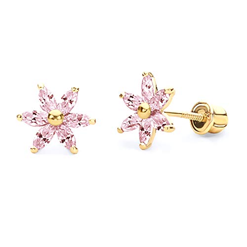 14k REAL Yellow Gold Flower Stud Earrings with Screw Back - 3 Different Color Available