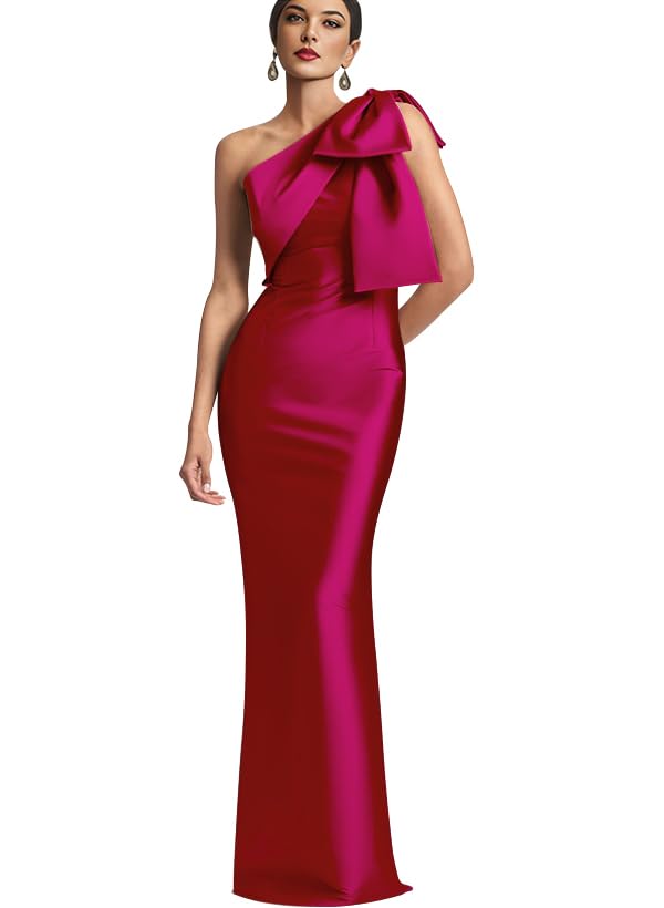 Image of IIF One Shoulder Bow Prom Dress for Women Mermaid Satin Formal Dresses Long Bodycon Evening Cocktail Gowns IIF043