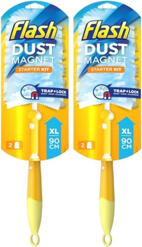 MettaWorld Flash Dust Magnet XL (Handle Extendable to 90cm) Duster Starter Kit (Includes: 1 x Handle and 2 x Refills) 2Pk