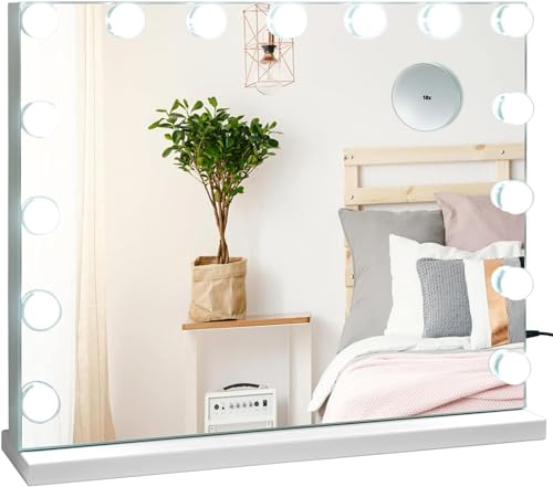 RELAX4LIFE Miroir Maquillage Hollywood avec 15 Ampoules LED & Enceinte Bluetooth, Miroir Coiffeuse Lumineux avec Miroir Grossissant 10x & Interrupteur Tactile...