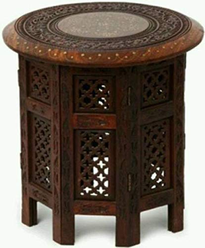 Handcrafted Wooden Round Side Table with Brass Inlay Work | Intricate Lattice Design, Foldable Legs, Indian Craftsmanship, Living Room Decor, Dark Walnut Finish-picture-20