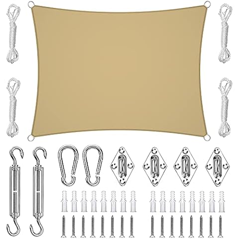 Sun Shade Sail 2m x 3m, Waterproof Shade Sails with 40pcs Sun Shade Sail Fixing Kit, UV Protection Patio Canopy Sunscreen Awning for Outdoor Garden Yard Lawn Pool Backyard, Beige Cover