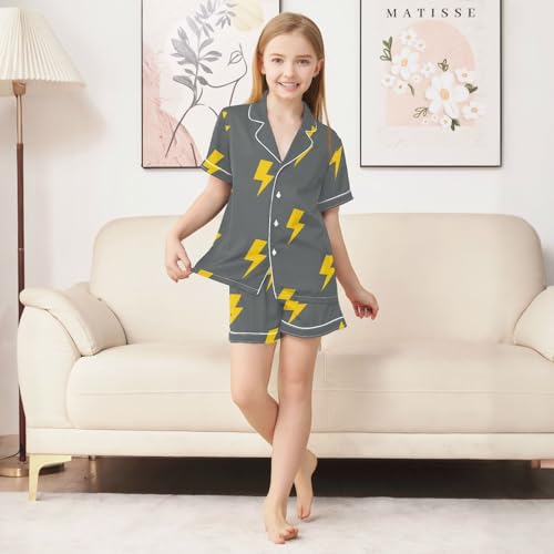 Satin Pajama Sets Short Sleeve Yellow Lightning Bolt Pattern Button Down Silky Nightwear 2 Piece PJS 5-14Y3