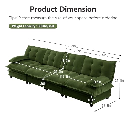 Image of 139 inch Sectional Sleeper Sofa, Modular Deep Seat Couches for Living Room Apartment, Flexible Module Combination Cloud Sofa with Spring Support, Easy Assembly, Dark Green