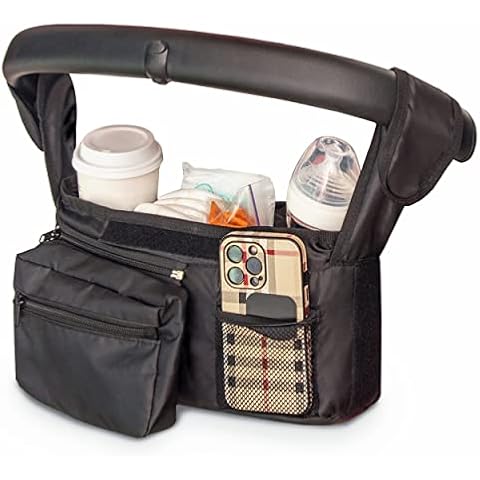 PharMeDoc Pram Organiser, Stroller & Pushchair - Universal Fit with Velcro Handlebar Adjustable Shoulder Straps, Pram Bag & Buggy Organiser, Pram Cup Holder & Phone Holder, Stroller Organiser, Black Cover