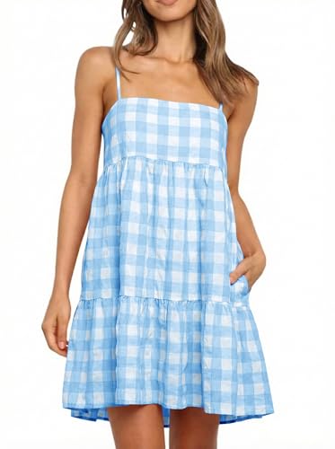 Image of Womens Summer Plaid A-line Sleeveless Casual Flowy Mini Sundress