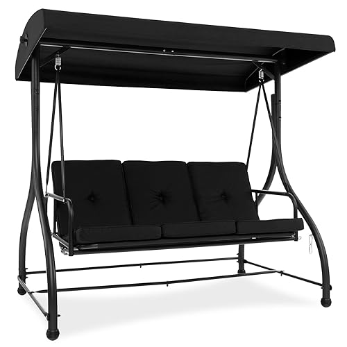 Image of HAPPYGRILL 3 Seat Outdoor Porch Swing, 2-in-1 Swing Glider with Adjustable Canopy, Removable Cushions, Foot Pad, Curved handrails, Outdoor Swing for Patio Yard Garden Balcony Backyard