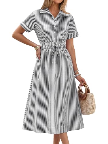 ANRABESS Women Summer Short Sleeve Midi Dress, Striped & Gingham, Casual A-Line Button Collar Shirt Dress, Beach & Vacation Black White Stripe M