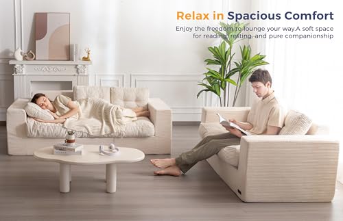 MAXYOYO 3 Seater Couch for Living Room, Boneless Couch with Tufted Cushion & Backrest, Upholstered Floor Sofa with Armrests, Sofa in A Box, No Assembly Required, Beige