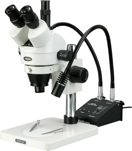 Image of AmScope SM-1TSW2-L6W Professional Trinocular Stereo Zoom Microscope, WH10x and WH25x Eyepieces, 3.5X-225X Magnification, 0.7X-4.5X Zoom Objective, 6W Dual-Gooseneck LED Light, Pillar Stand, 85V-265V, Includes 0.5X and 2.0X Barlow Lenses