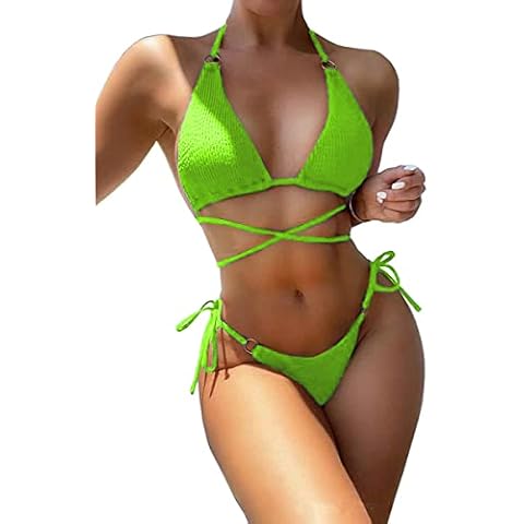 YIMISAN Neon Green Halter Bikini Set Cover