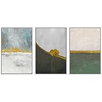 SIGNWIN Framed Canvas Print Wall Art Trio of Watercolor Landscapes with Gold Horizon Abstract Shapes Illustrations Modern Art Multicolor Pastel for Living Room, Bedroom, Office - 16