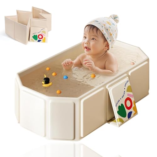 Baignoire pliable pour enfants, multifonctionnelle, facile à nettoyer, portable, avec vis de vidange, pour les voyages et la maison, beige