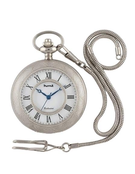 HMT Salonimo Silver Pocket Watch with Chain, Roman Numerals-image-35