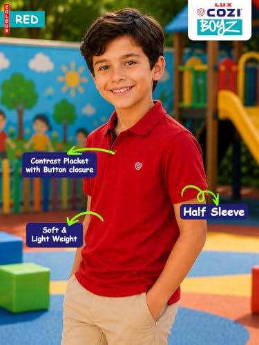 Image of Lux Cozi Boy's Polycotton Polo T-Shirt | Solid Collared Half Sleeve Tee for Kids | Soft Breathable Summer Wear | Casual Smart Polo T-Shirt | 3-14 Years