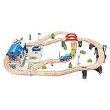 Bino world of toys Holzeisenbahn mit Brücke, Spielzeug für Kleinkinder ab 3 Jahren, Spielzeug zur Förderung kindlicher Fähigkeiten, 90-TLG., Polizeistation inkl. eines Hubschraubers, Mehrfarbig