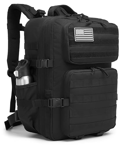 Sac à dos tactique militaire pour homme - Étanche - Sac d'assaut de 3 jours avec porte-bouteille d'eau (noir, 50 l)