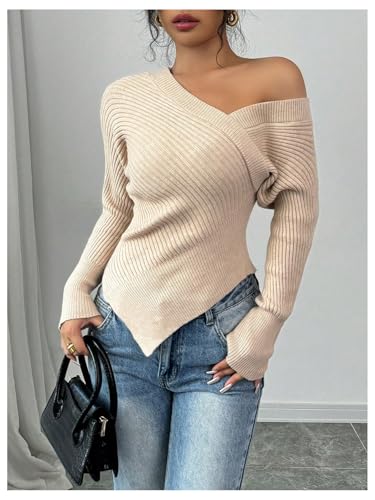 MakeMeChic Women's Off The Shoulder Long Sleeve Sweater Asymmetrical Wrap Lightweight Pullover Top4