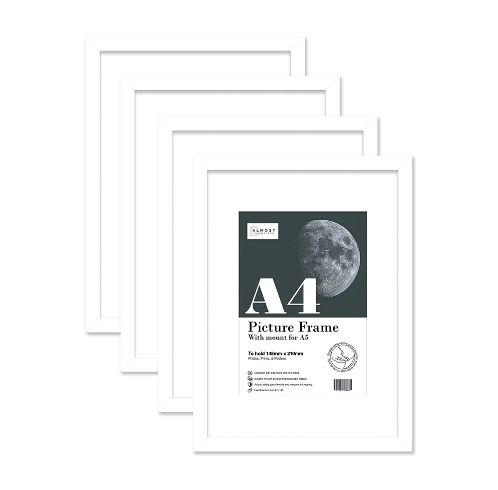 Almost Frameless A4 White Picture Frame Set of 4, Display A5 Pictures with Mount or A5 Without Mount Gallery Wall, Poster, Photo, Artwork, or Print, White