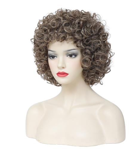 Image of Women's Short Afro Wig, 70s Disco Fluffy Synthetic Wig, Small Curly Afro Wig for Halloween, Cosplay and 80s Theme Party.(Light Brown)