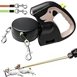 Doppelte Einziehbare Hundeleine, 3m Ausziehbare Doppel-Hundeleine mit LED Licht, Robuste Haustierleine, Double Dog Lead, 360-Grad-Drehgelenk, Rollleine für Hunde bis zu 30kg, Braun
