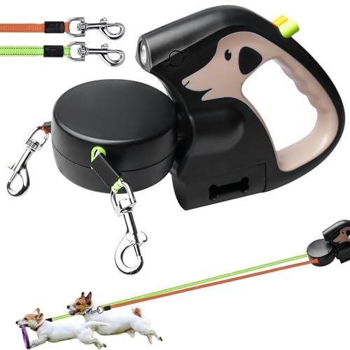 Doppelte Einziehbare Hundeleine, 3m Ausziehbare Doppel-Hundeleine mit LED Licht, Robuste Haustierleine, Double Dog Lead, 360-Grad-Drehgelenk, Rollleine für Hunde bis zu 30kg, Braun