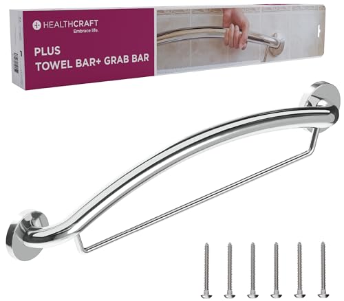 HEALTHCRAFT Plus 2-in-1 Towel Bar and Grab Bar, 24 inch | ADA Compliant Handicap Bathroom Safety Grab Bar for Seniors, Wall-Mounted, Chrome Polished