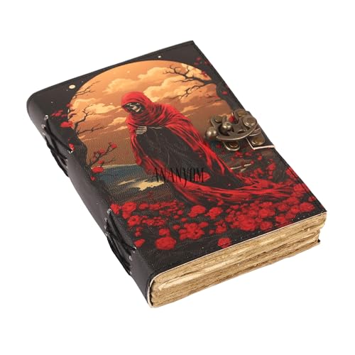 Diario in pelle fatto a mano, diario moderno fantasy con spirale gotico per amanti del teschio, diario in pelle vintage antico con 200 fogli di carta bianca, senza righe, chiusura in ottone, per