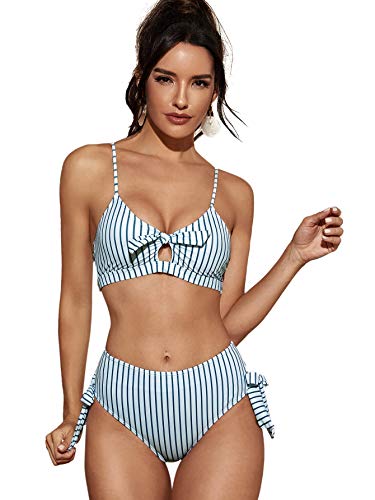 SweatyRocks Women's Bikini Set Tie Knot Front Swimsuit Striped High Waisted Swimwear Set Multi S