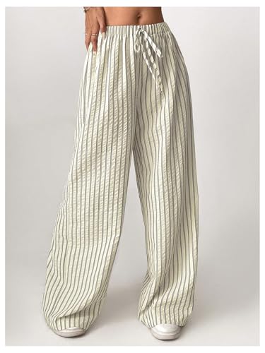 Floerns Women's Striped Wide Leg Drawstring Pants Elastic Waist Casual Loose Trousers2