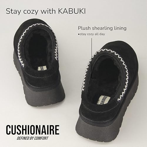 Image of CUSHIONAIRE Kabuki Platform Boots Genuine Suede Fuzzy Mule Slippers for Women with Memory Foam | Indoor /Outdoor Womens Slippers | Wide Widths Available