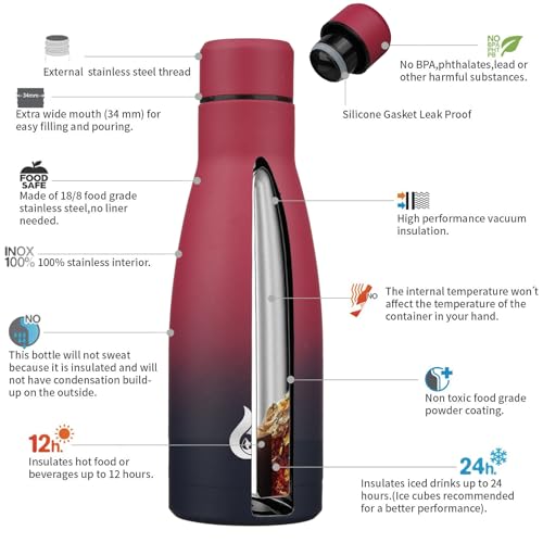 Image of BJPKPK Insulated Water Bottle 12oz Small Stainless Steel Water Bottles Reusable Metal Thermal Keep Cold and Hot,Charming Black Red