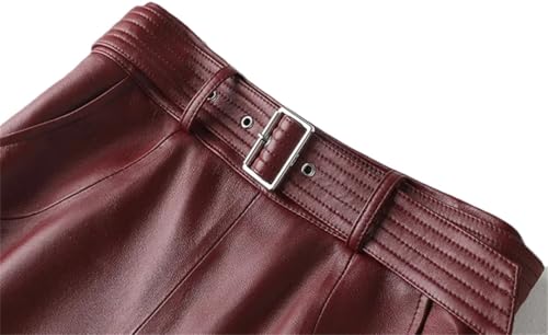 Women Leather Skirt A-Line Knee Length Office Ladies Solid Casual Belted with Pocket Skirts3
