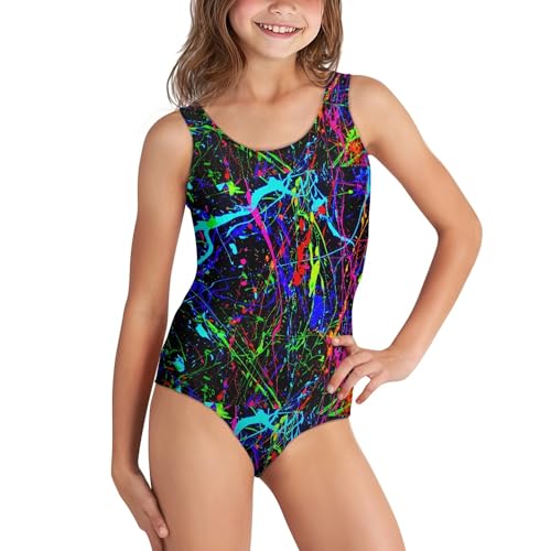 Girls One Piece Swimsuit Cross Back Paint Splatter Quick Dry Athletic Bathing Suit for Beach Pool 5-14Y2