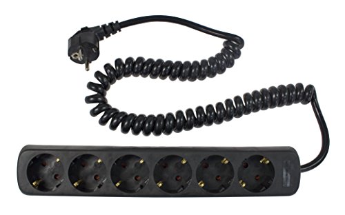 as - Schwabe 6-Fach Steckdosenleiste 230 V / 16 A - Mehrfachstecker mit 2,5 m Spiralkabel - Steckdosen 45° gedreht - Wandmontage - IP20, schwarz, 11462