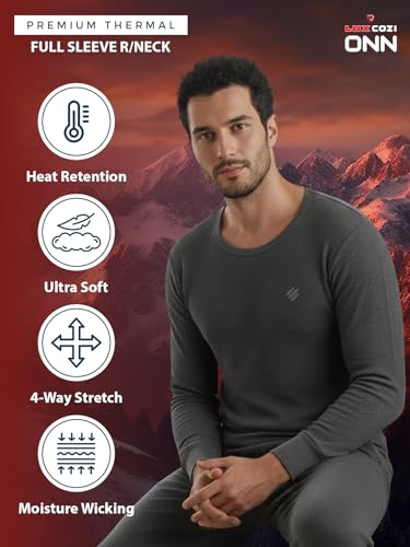 Image of Lux Cozi ONN Men's Round Neck Full Sleeve Skin Friendly Winter Wear Thermal Top and Bottom Set | Thermal Set for Men