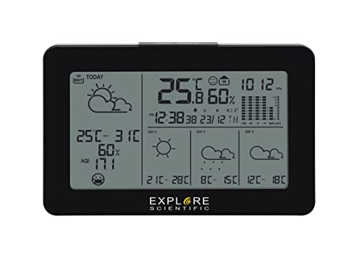 Explore Scientific WSH4103 Stazione meteorologica smart Wifi, sincronizzazione automatica dell'ora, piattaforma Tuya, temperatura, umidità e previsioni del tempo consultabili anche da App, nero