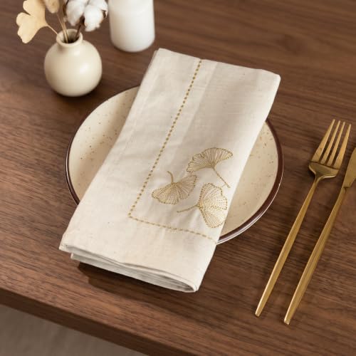 Image of R home Set of 6 Leaf Luxe 45x45 cm Premium Embroidered Cotton Table Napkins | Reusable Soft Washable Cloth Dinner Napkins | Dining & Kitchen Table Linen