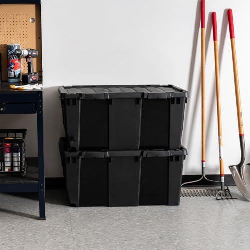 Image of IRIS USA 32 Gallon Rolling Storage Bin with Lid, Heavy Duty, 2 Pack | Built-in wheels and lockable latches make transporting tools, camping gear, truck equipment, and garage storage effortless.