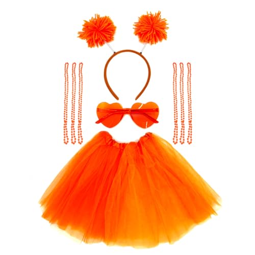 Yxtwaeh Women Tutu Costume Accessories Pom Pom Headband Heart Sunglasses Necklaces Tutu Skirt for 80s Women Halloween Carnival Thanksgiving Christmas Orange