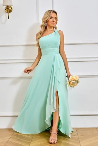 Chiffon One Shoulder Bridesmaid Dresses with Slit A-Line Long Formal Party Dress with Pockets3
