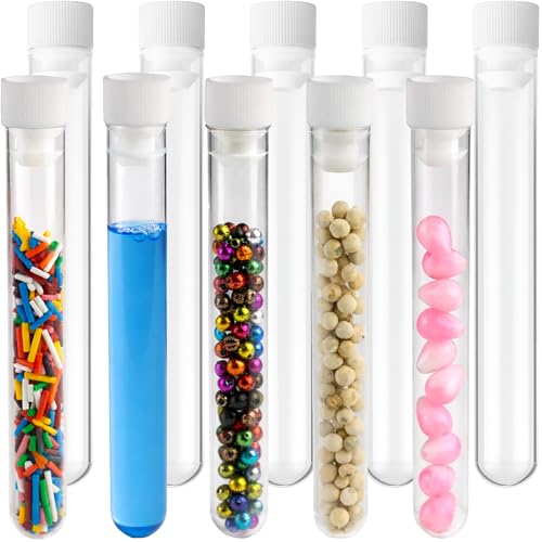Berenti 10 PCS Plastic Test Tubes with Caps (10 ml) - Clear Test Tubes with (4.3"L x 0.5"W ) for Scientific Experiments, Sample Testing, Home & Party DÃ©cor and as storage container for Beads, Powder