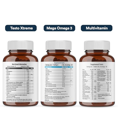 Blubein Total Wellness Trio PRO | 1250 mg Mega Omega 3 Fish Oil 60N | KSM-66 Ashwagandha 60N | Multivitamin with 37 Vital Ingredients 60N (Pack of 2)