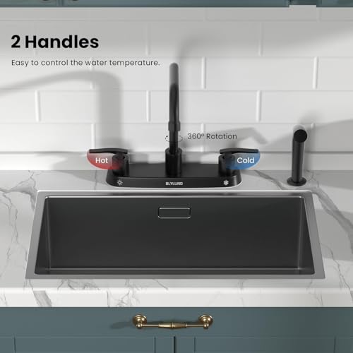 Image of 4 Hole Kitchen Faucet with Sprayer, Two-Handle Stainless Steel High Arch 8 Inch Centerset Sink Faucets with Side Sprayer for Commercial RV Laundry Utility Kitchen Faucet (Matte Black)