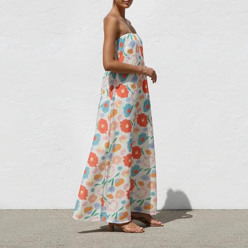 Image of Women Y2k Strapless Maxi Dress Summer Backless Floral Long Tube Dress Off Shoulder Cocktail Party Dress