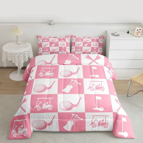 Image of Feelyou Golf Comforter Set Full Size Pink White Plaid Buffalo Check Geometric Bedding Set for Kids Boys Girls Sports Theme Duvet Quilt Bedroom Decor Microfiber 3 Pcs with 2 Pillow Cases