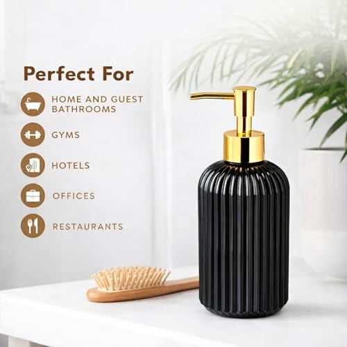 Image of Luxe Home International Vertical Ribber Pattern Glass Soap Dispenser for Bathroom and Kitchen Sink Leak Proof Liquid Hand Wash Round Bottle Lightweight Smooth Finish (19.5x7.5 cm Black) Pack of 1